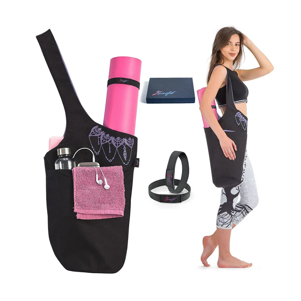 Olaise Yoga Mat Bag (Black & Lavender) – Long Tote with Pockets + Bonus Strap Elastics