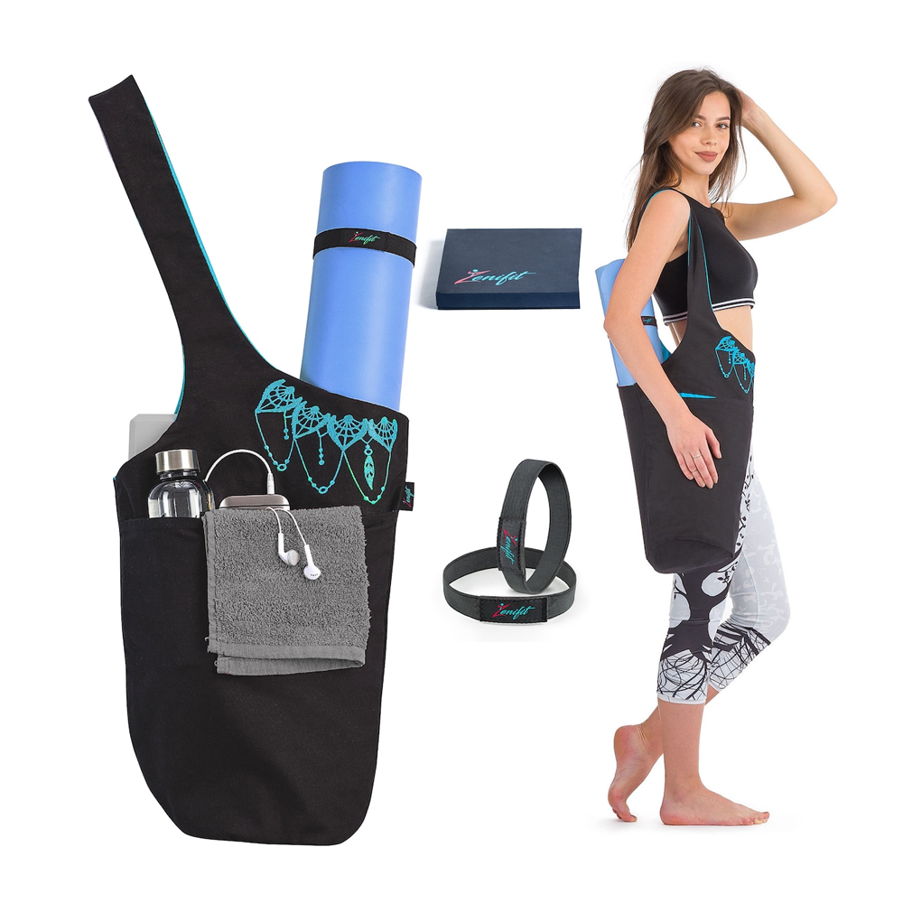 Olaise Yoga Tote Bag (Black & Blue) – Extra Storage for Mat & Gear, Includes Free Strap Elastics
