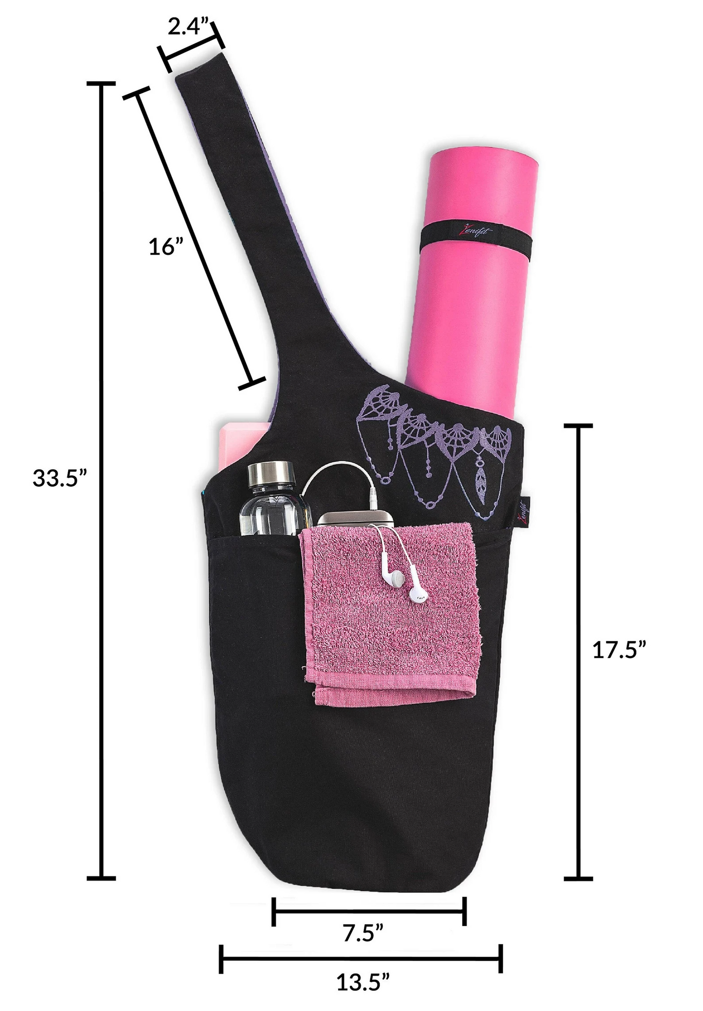 Olaise Yoga Mat Bag (Black & Lavender) – Long Tote with Pockets + Bonus Strap Elastics