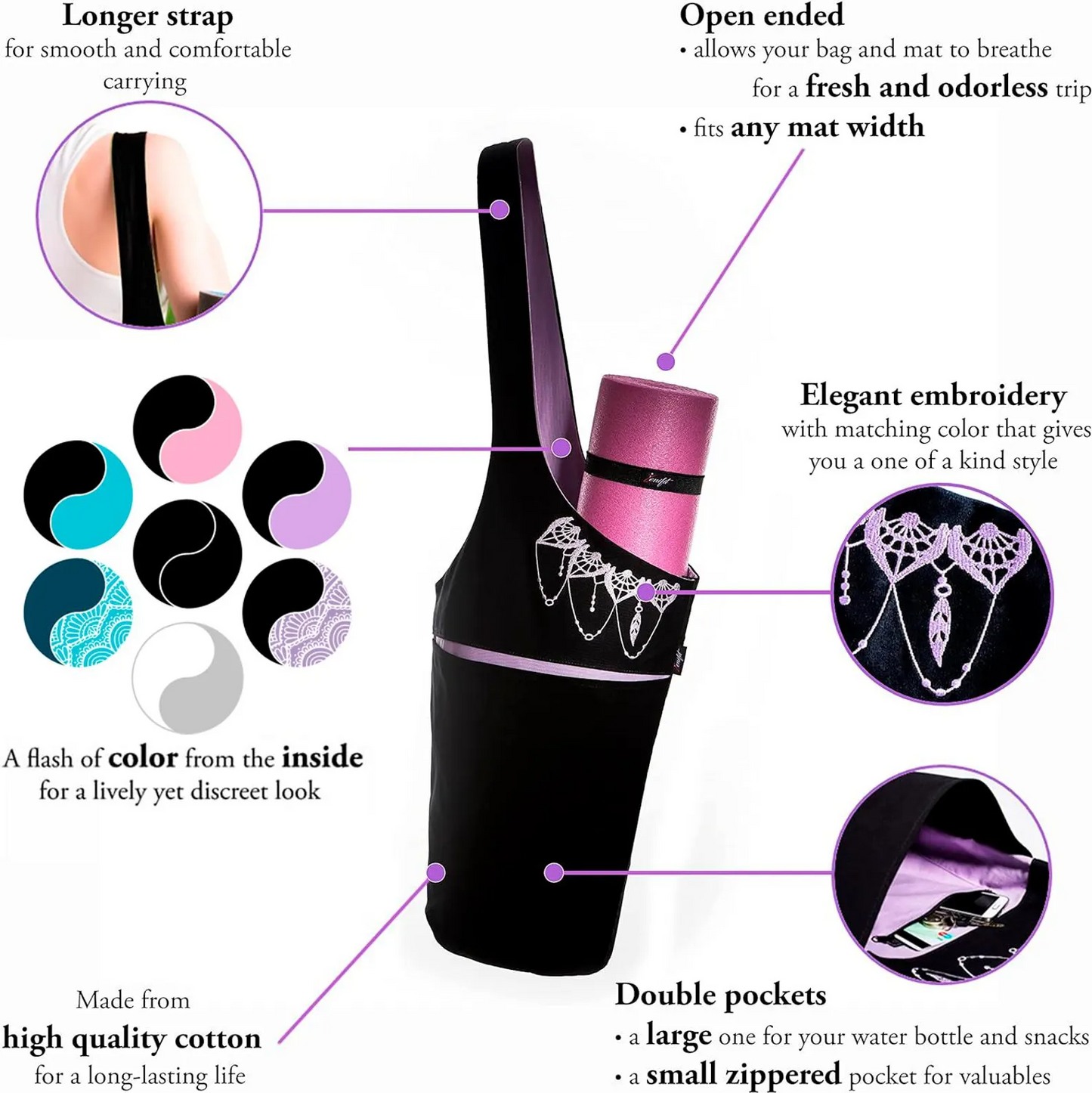 Olaise Yoga Mat Bag (Black & Lavender) – Long Tote with Pockets + Bonus Strap Elastics