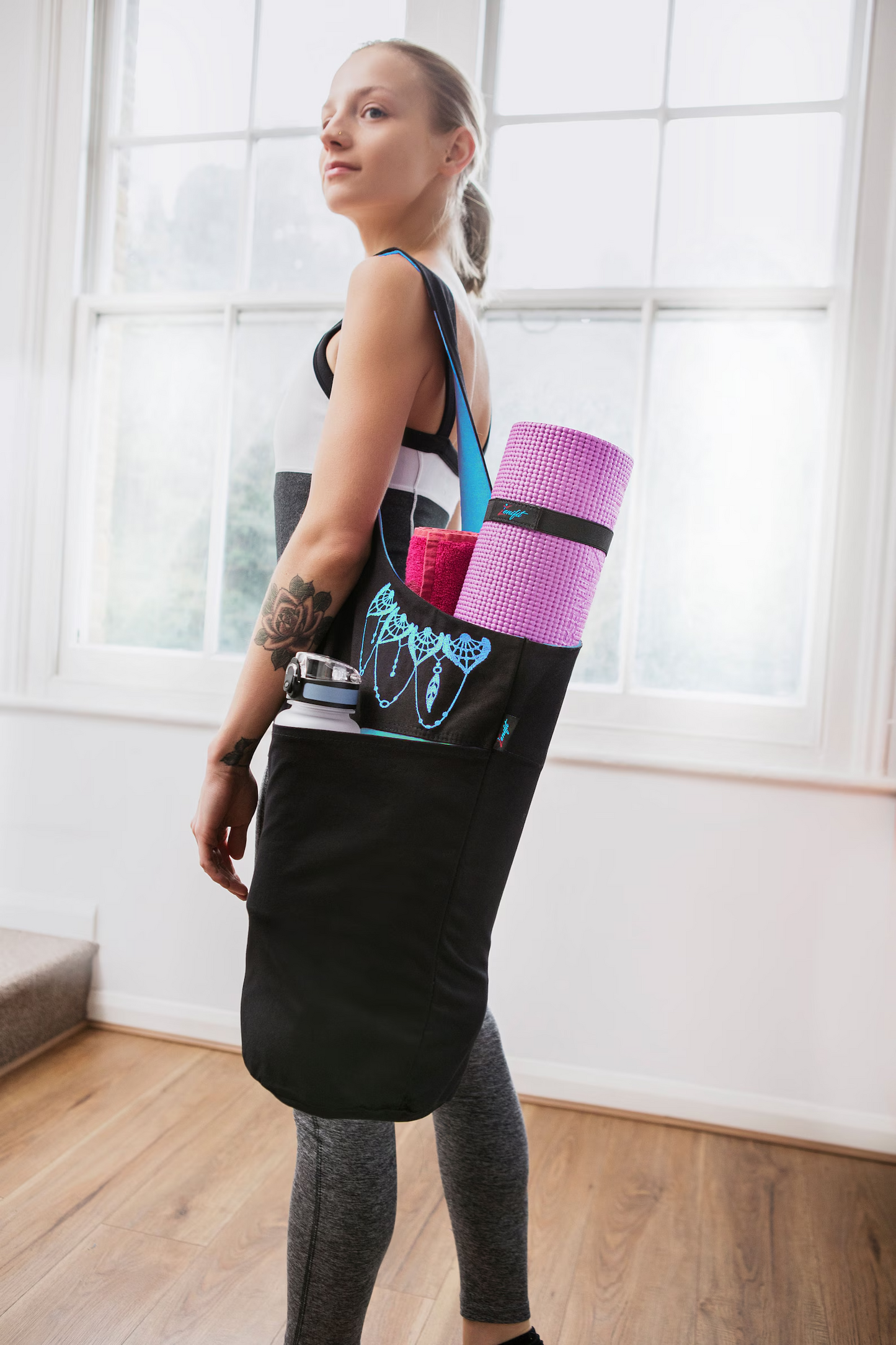 Olaise Yoga Tote Bag (Black & Blue) – Extra Storage for Mat & Gear, Includes Free Strap Elastics