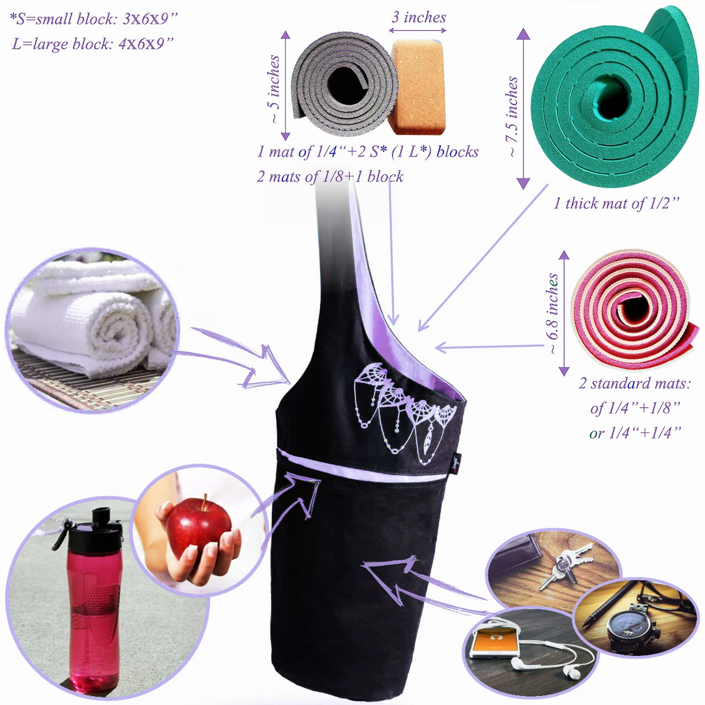 Olaise Yoga Mat Bag (Black & Lavender) – Long Tote with Pockets + Bonus Strap Elastics