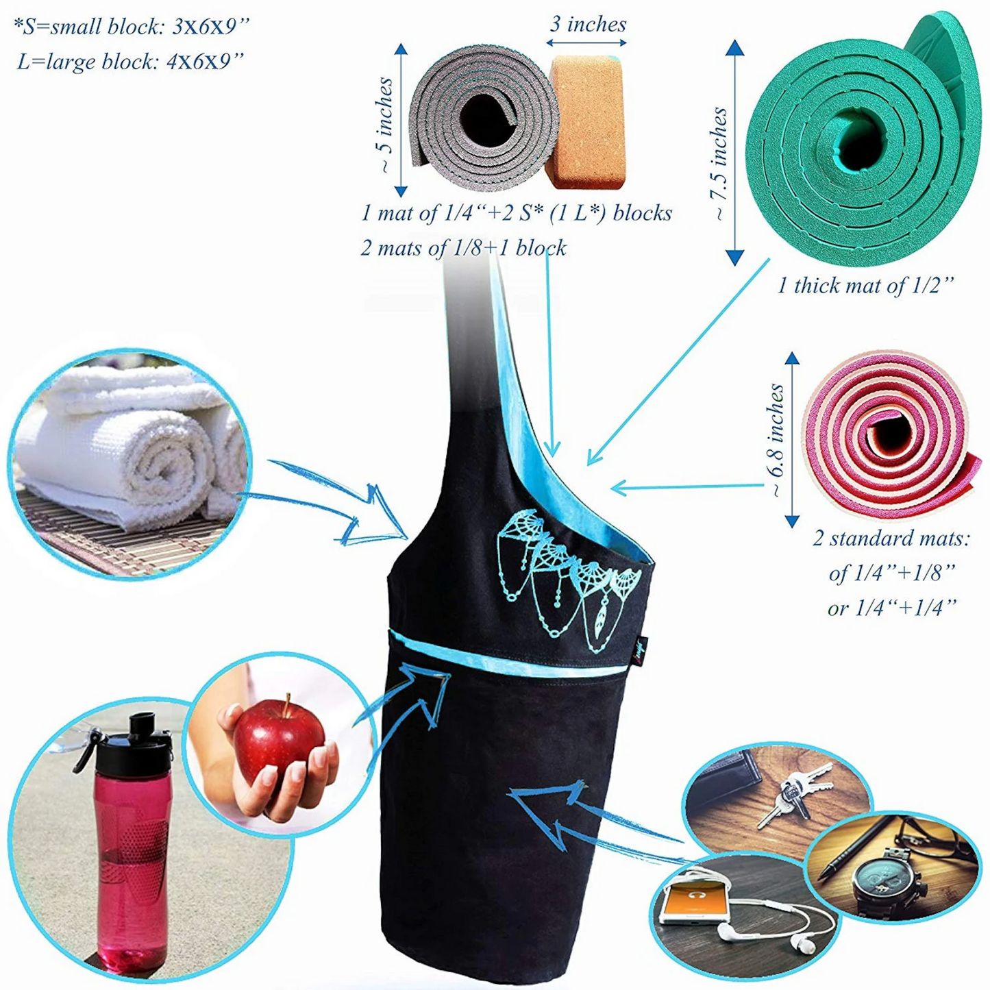 Olaise Yoga Tote Bag (Black & Blue) – Extra Storage for Mat & Gear, Includes Free Strap Elastics